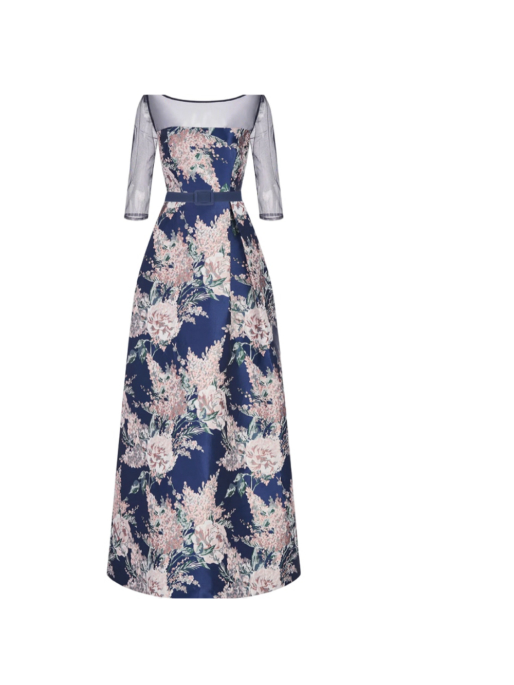 NWT KAY UNGER Heather Navy Floral Belted Pocket Lined Gown Dress Size 8 - Picture 4 of 6